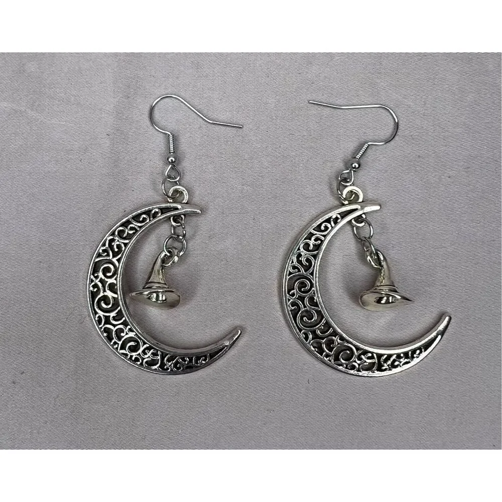 Handmade Silver Dangly Crescent Moon Earrings With Witches Hat